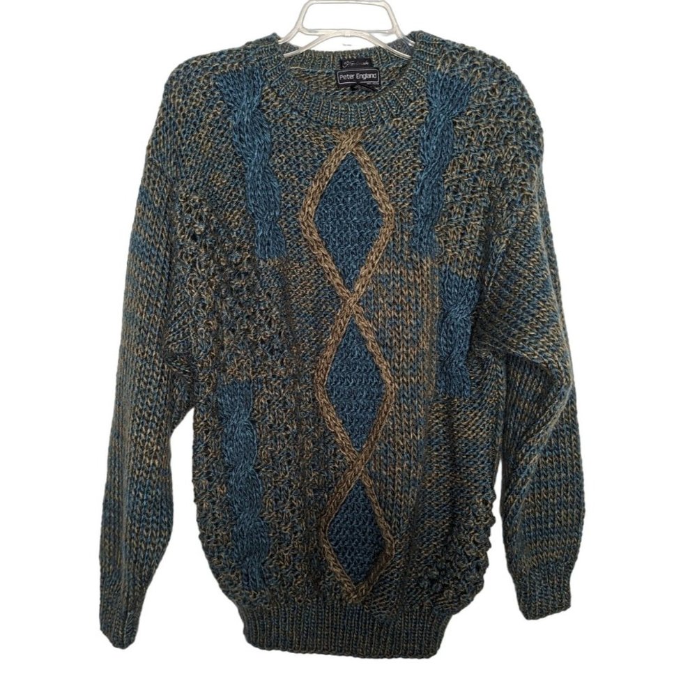 Peter England long sleeve mixed pattern olive green sea green handmade sweater M